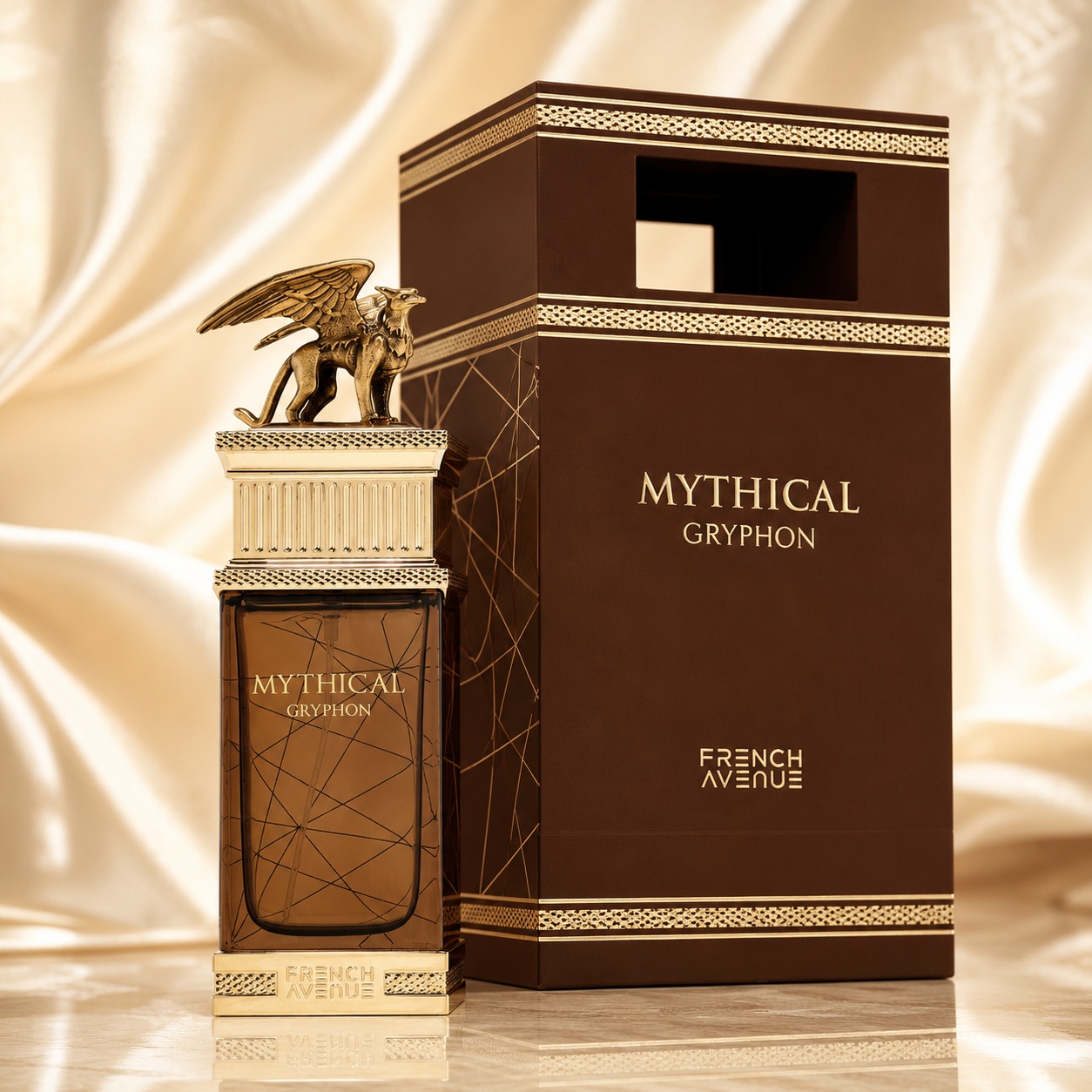 Parfum Arăbesc Mythical Gryphon French Avenue EDP 100 ml Bărbat cu flacon ambrat, grifon auriu și cutie maro premium