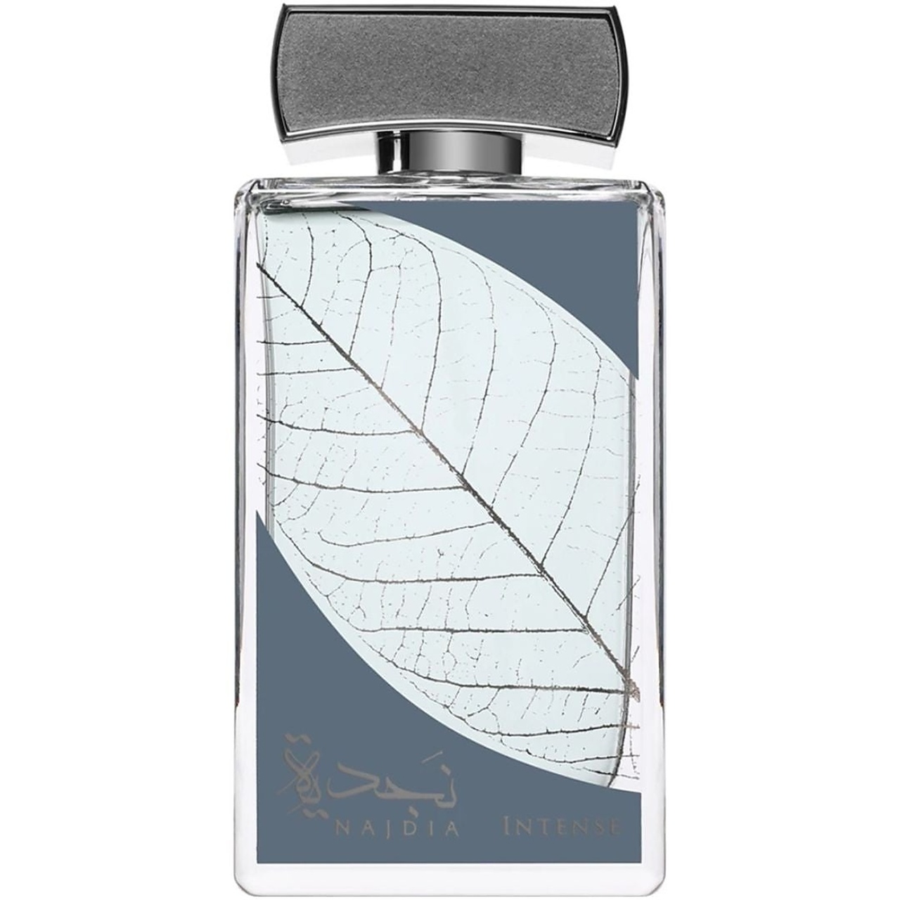 Najdia Intense Lattafa 100 ml sticlă individuală pe fundal alb cu frunză argintie