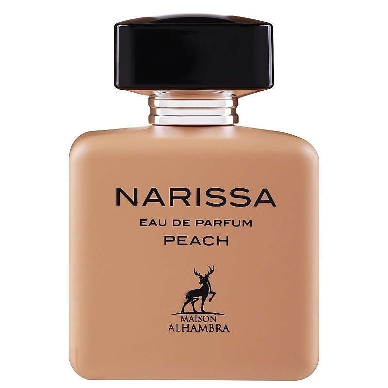 Flacon Narissa Peach Maison Alhambra peach pudrat cu capac negru lucios și design feminin premium