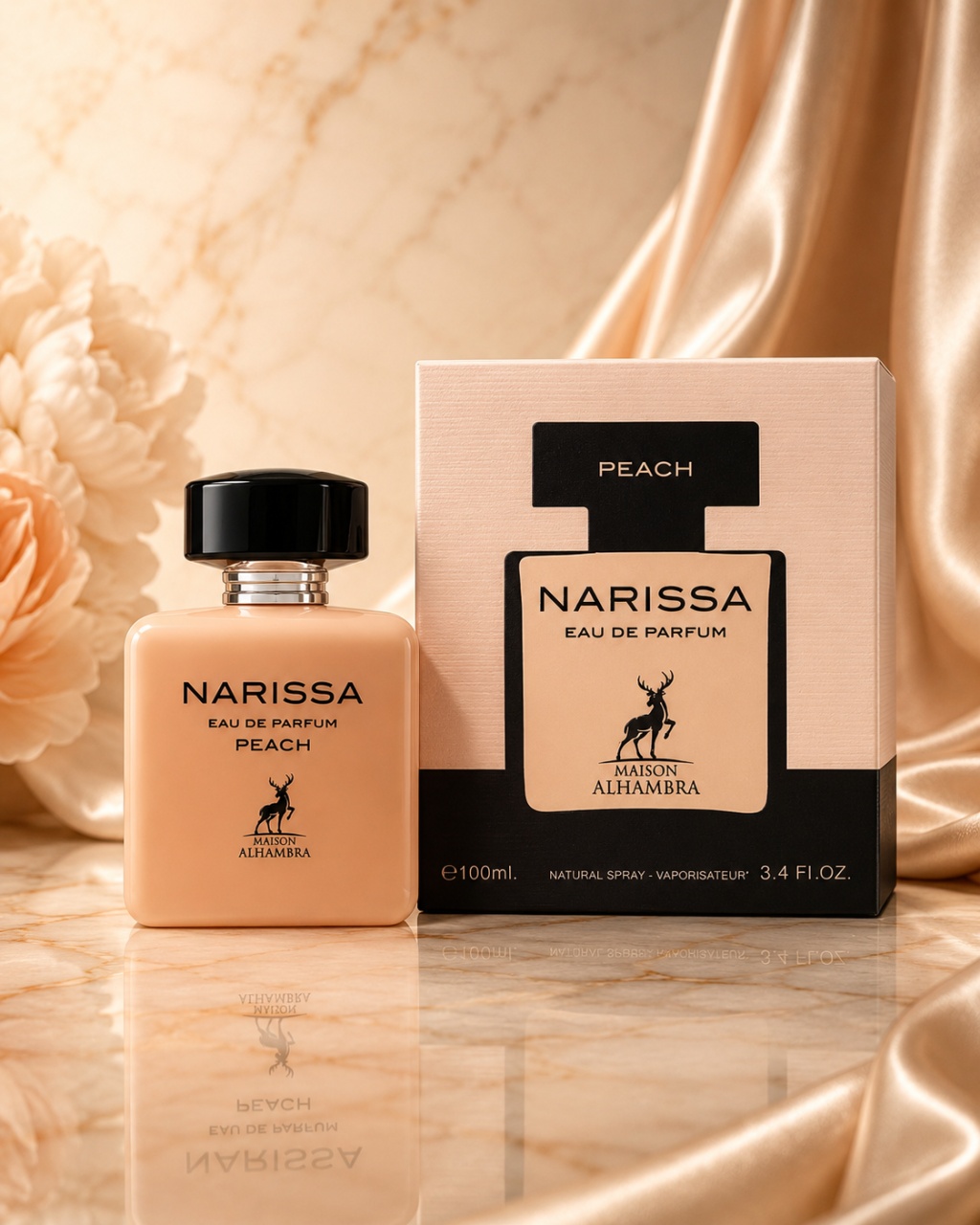 Parfum Arăbesc Narissa Peach Maison Alhambra EDP 100 ml Damă cu sticlă piersică, capac negru și cutie premium nude