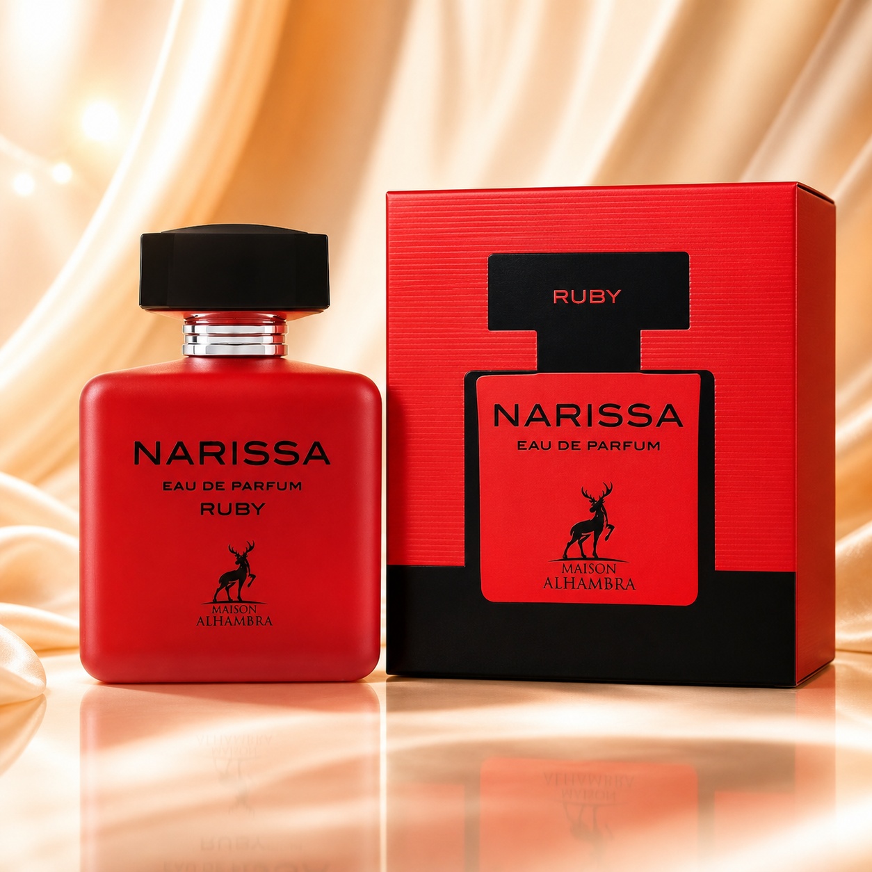 Parfum Arăbesc Narissa Ruby Maison Alhambra EDP 100 ml Damă cu sticlă roșie rubinie și cutie premium roșu negru