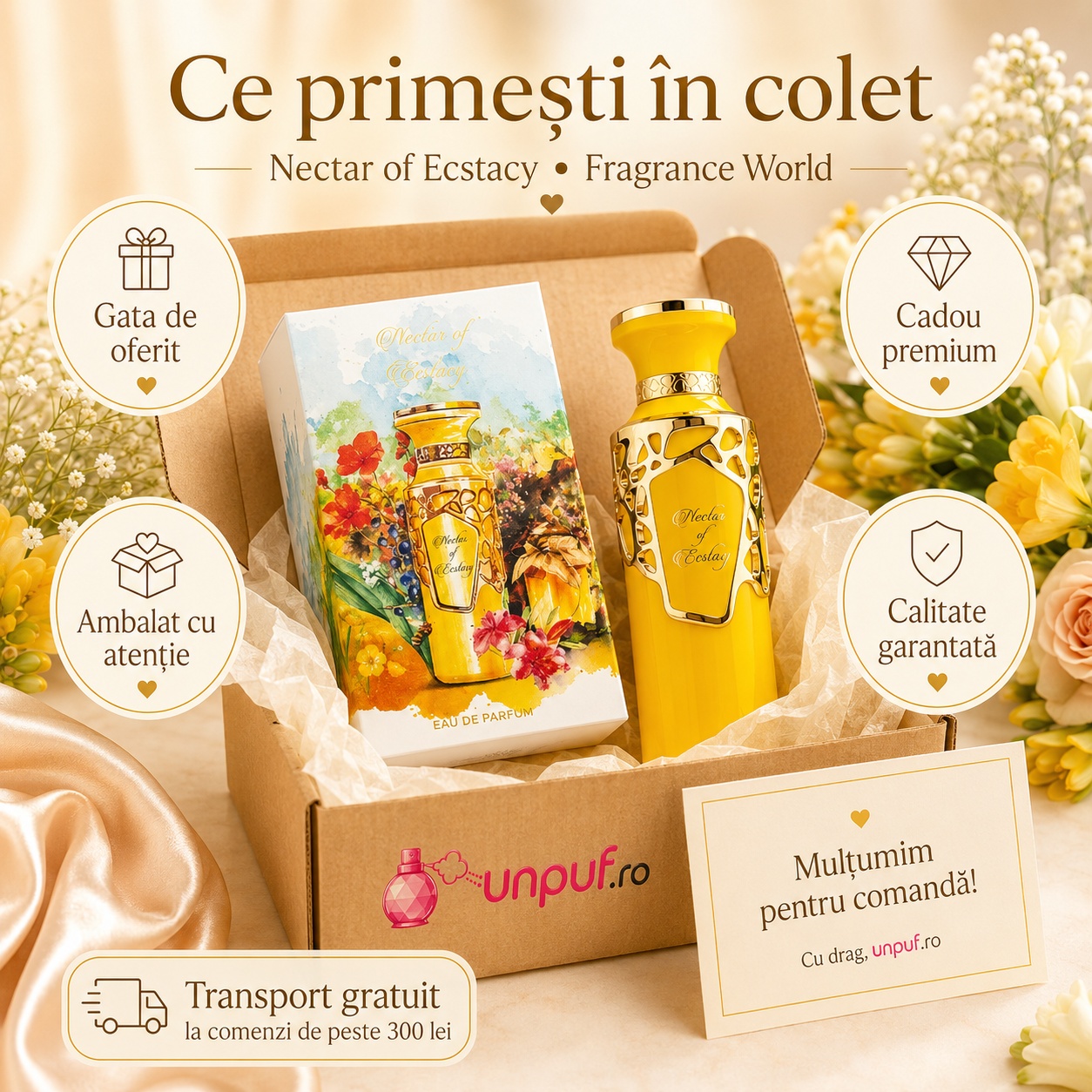 Ce primești &icirc;n colet Nectar Of Ecstasy Fragrance World parfum 100 ml ambalat cu atenție și pregătit pentru cadou