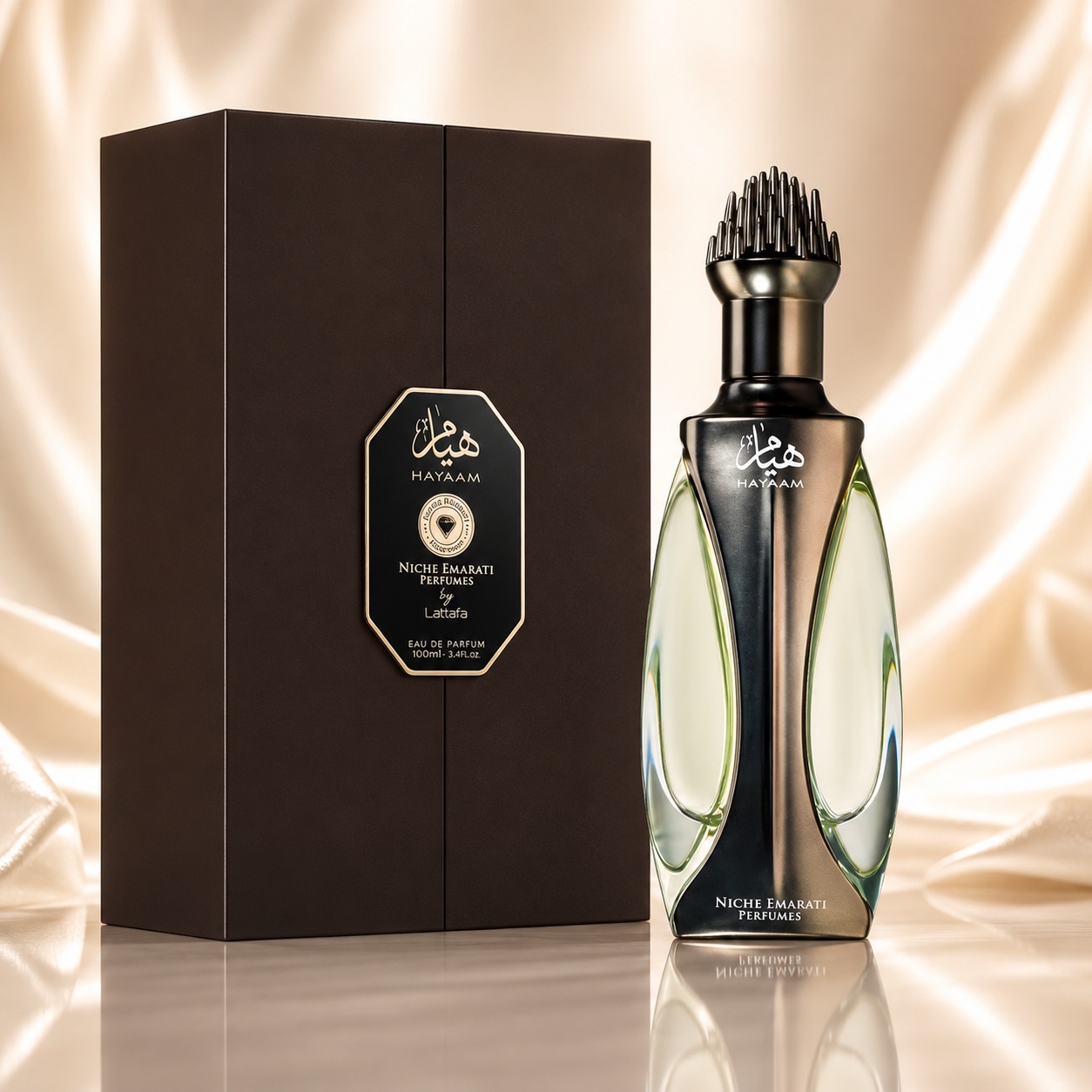 Parfum Arăbesc Niche Emarati Hayaam Lattafa EDP 100 ml Unisex cu sticlă sculpturală negru bronz și cutie maro premium