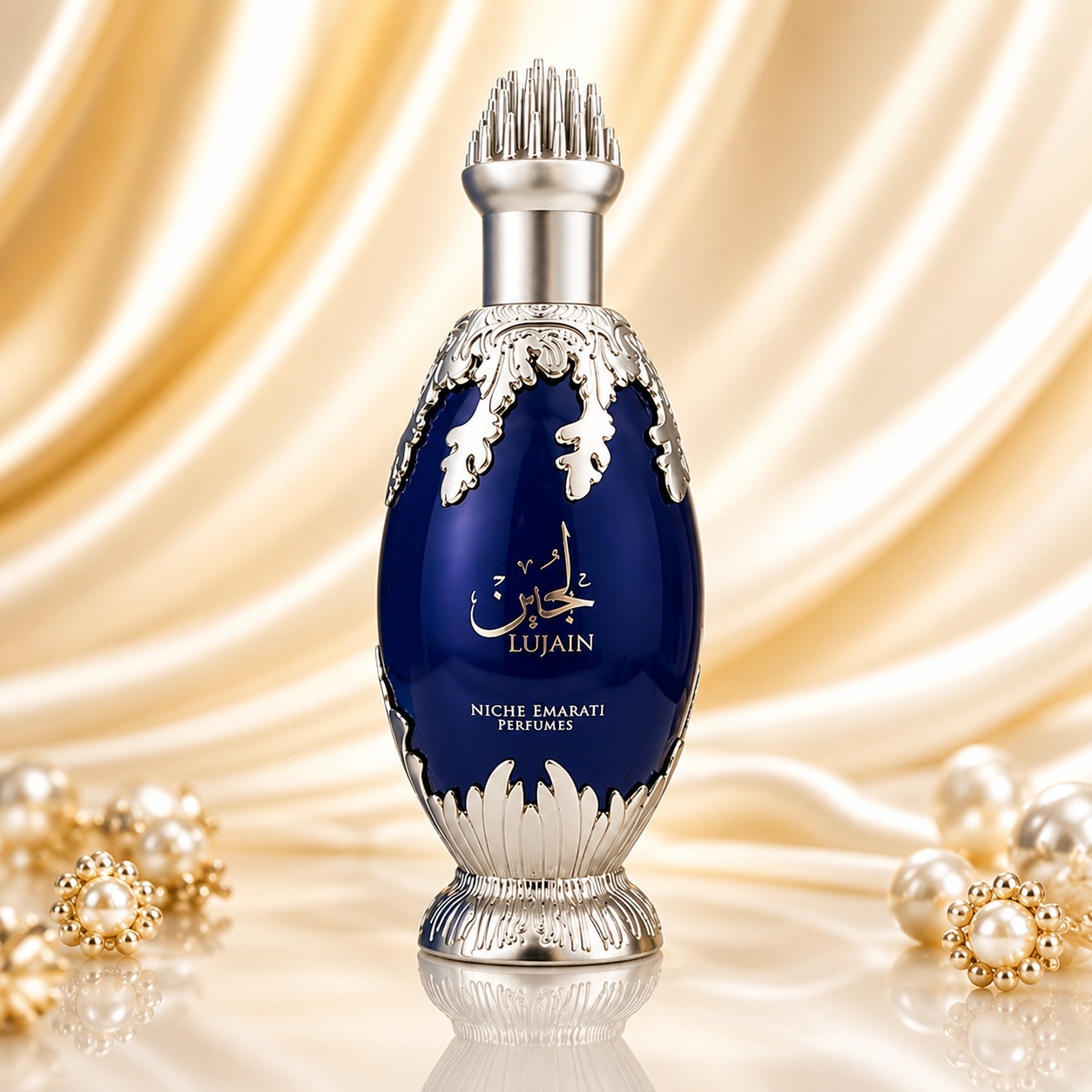 Sticlă parfum Lujain Niche Emarati Lattafa 100 ml albastru regal cu ornamente argintii și capac sculptural