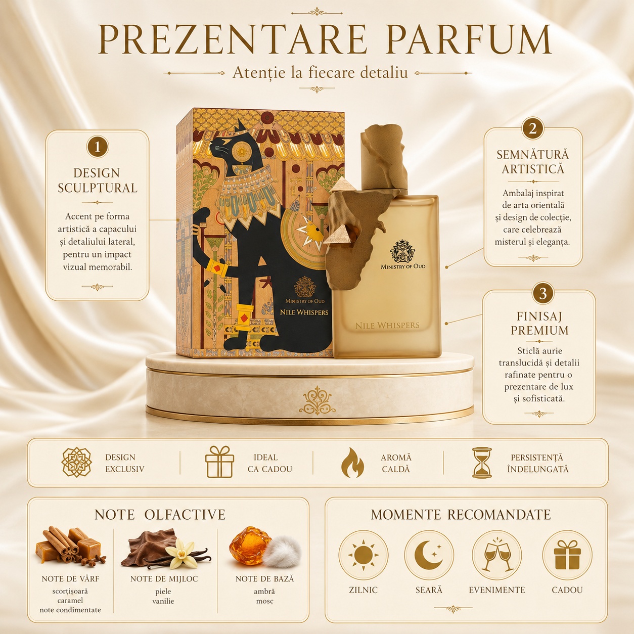 Prezentare parfum Nile Whispers cu design sculptural, finisaj premium și note olfactive elegante