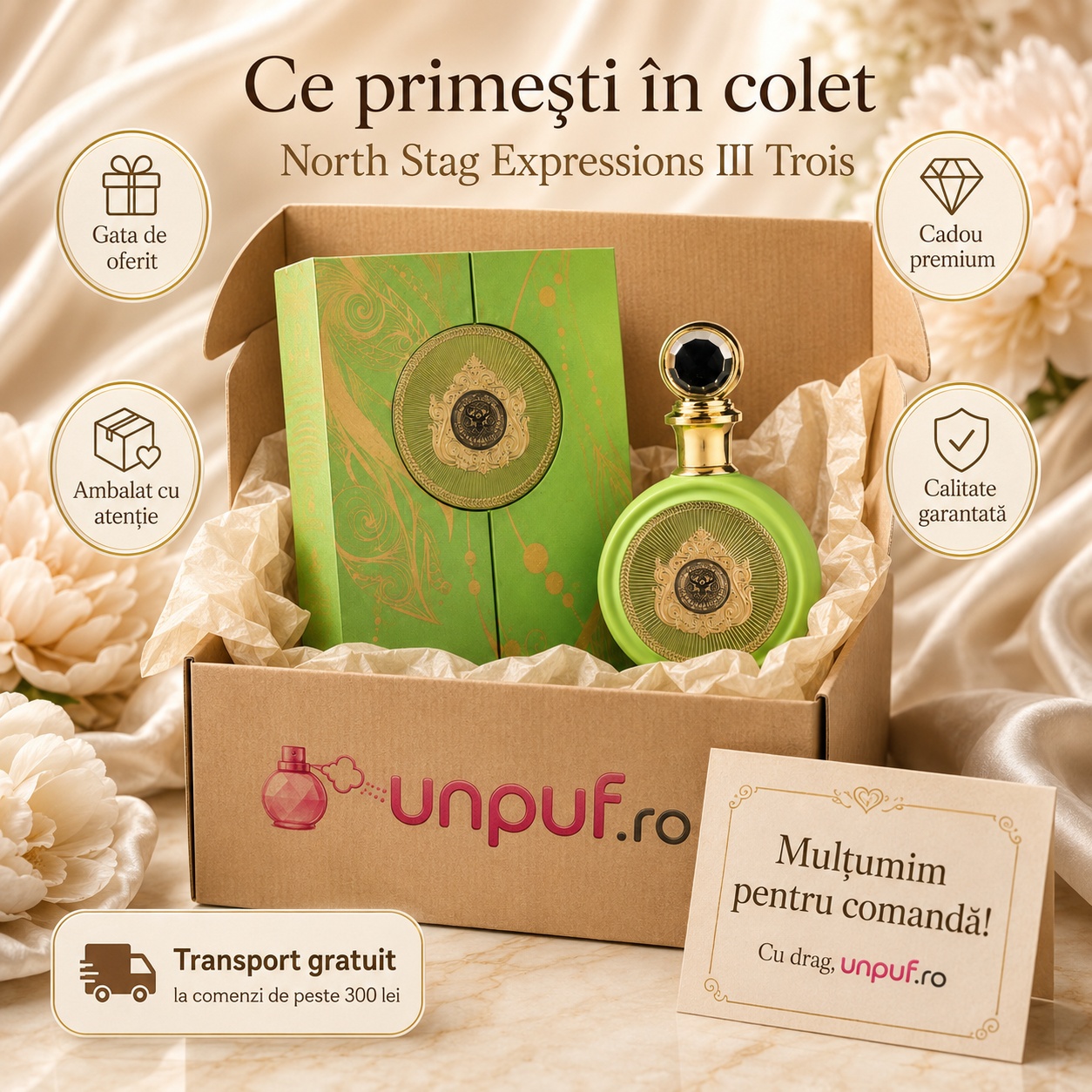 Ce primești în colet la parfumul North Stag Expressions III Trois, ambalaj premium UnPuf.ro