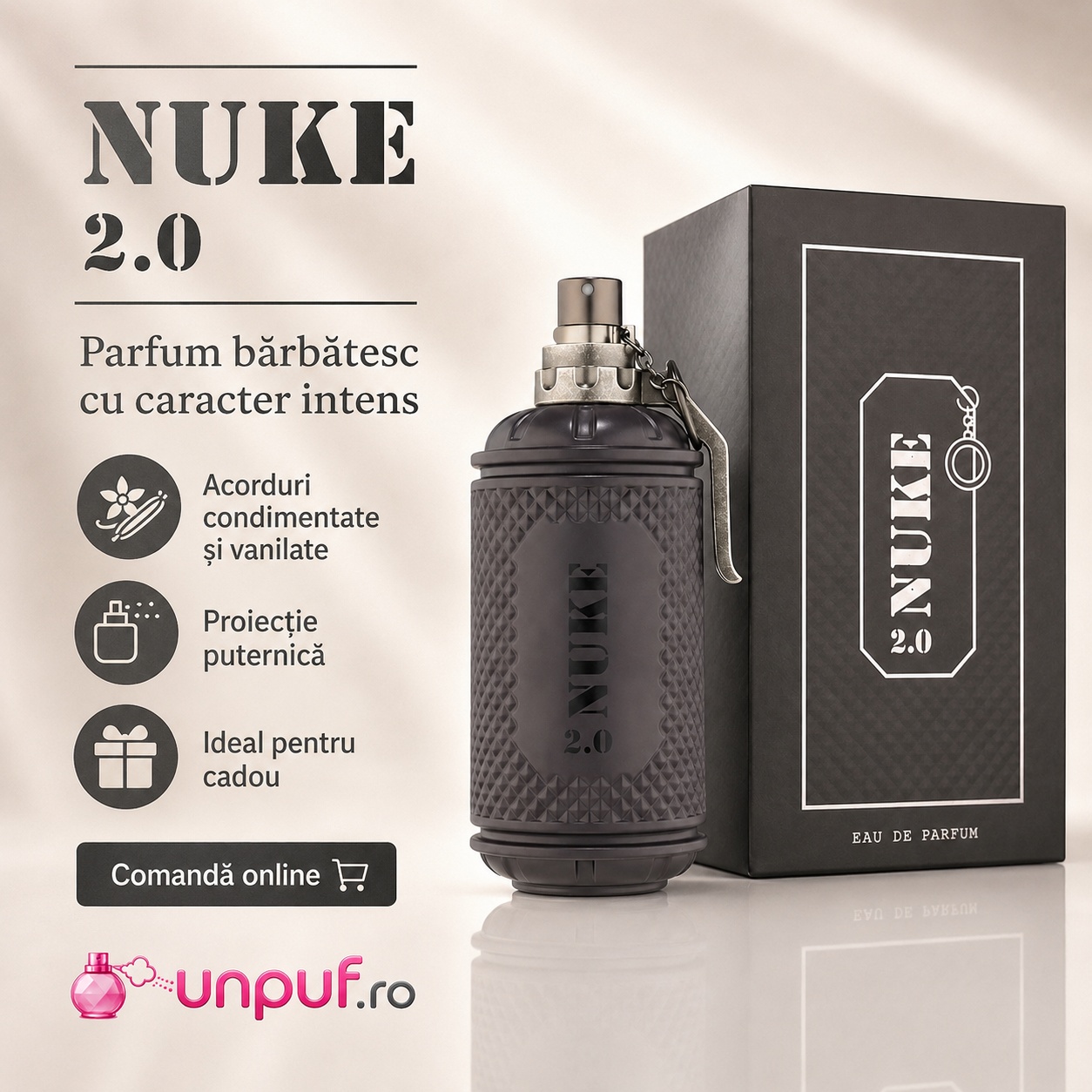 Nuke 2.0 parfum bărbătesc cu caracter intens, acorduri condimentate și vanilate, proiecție puternică și ideal pentru cadou