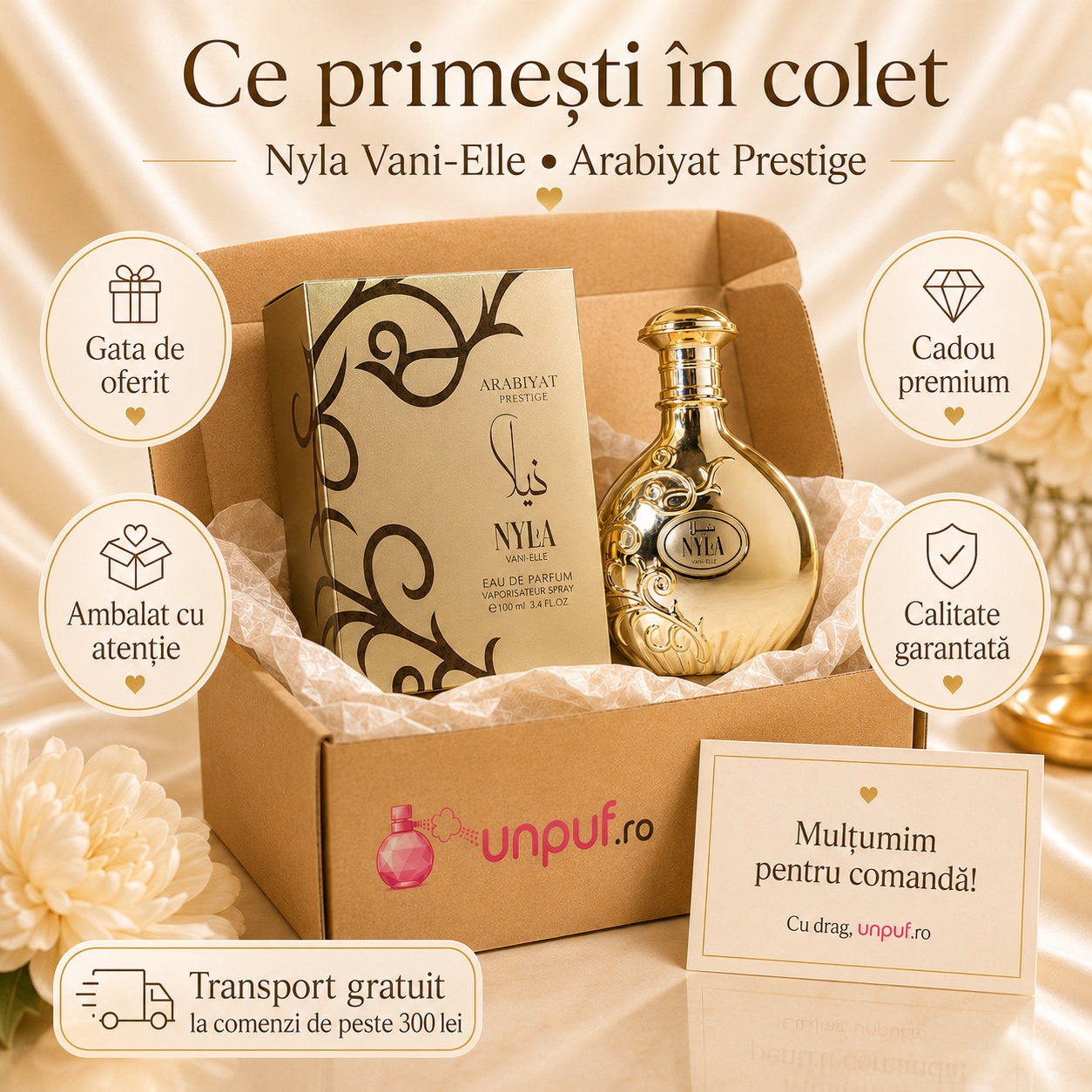 Ce primești în colet Parfum Nyla Vanille 80 ml ambalat cu atenție unpuf.ro