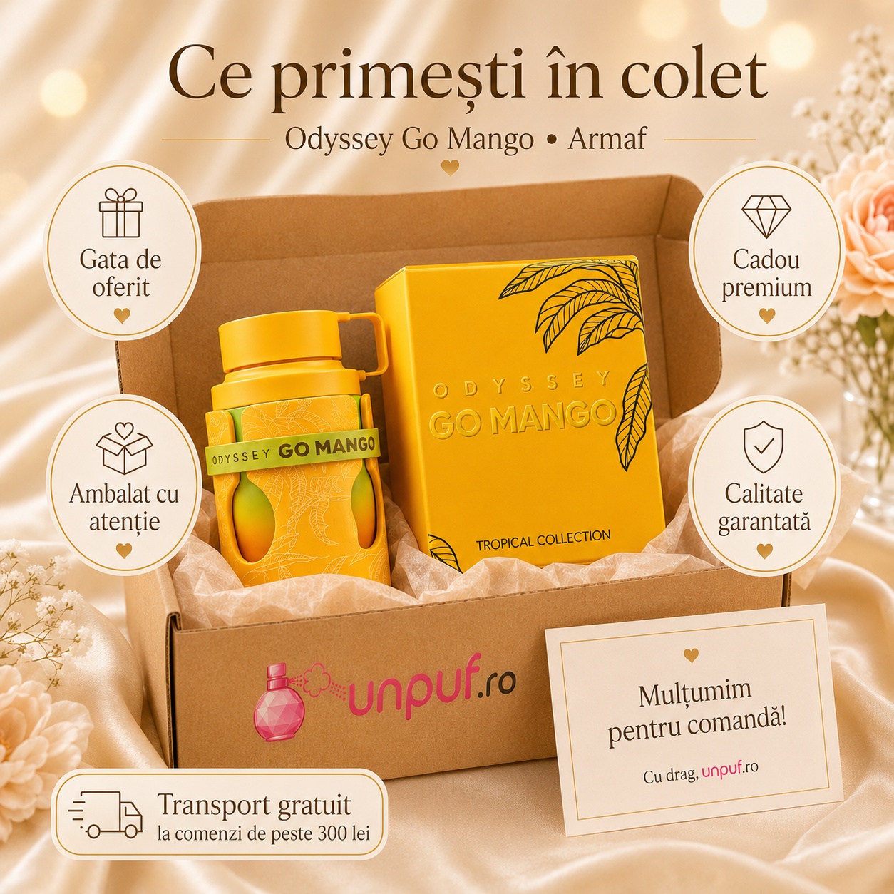 Ce primești &icirc;n colet Parfum Odyssey Go Mango Men Armaf 100 ml ambalat cu atenție