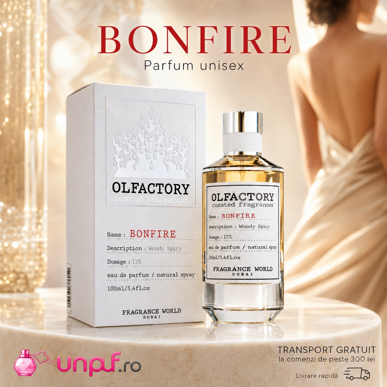 Olfactory Bonfire Fragrance World parfum unisex cald afumat și elegant pentru cadou