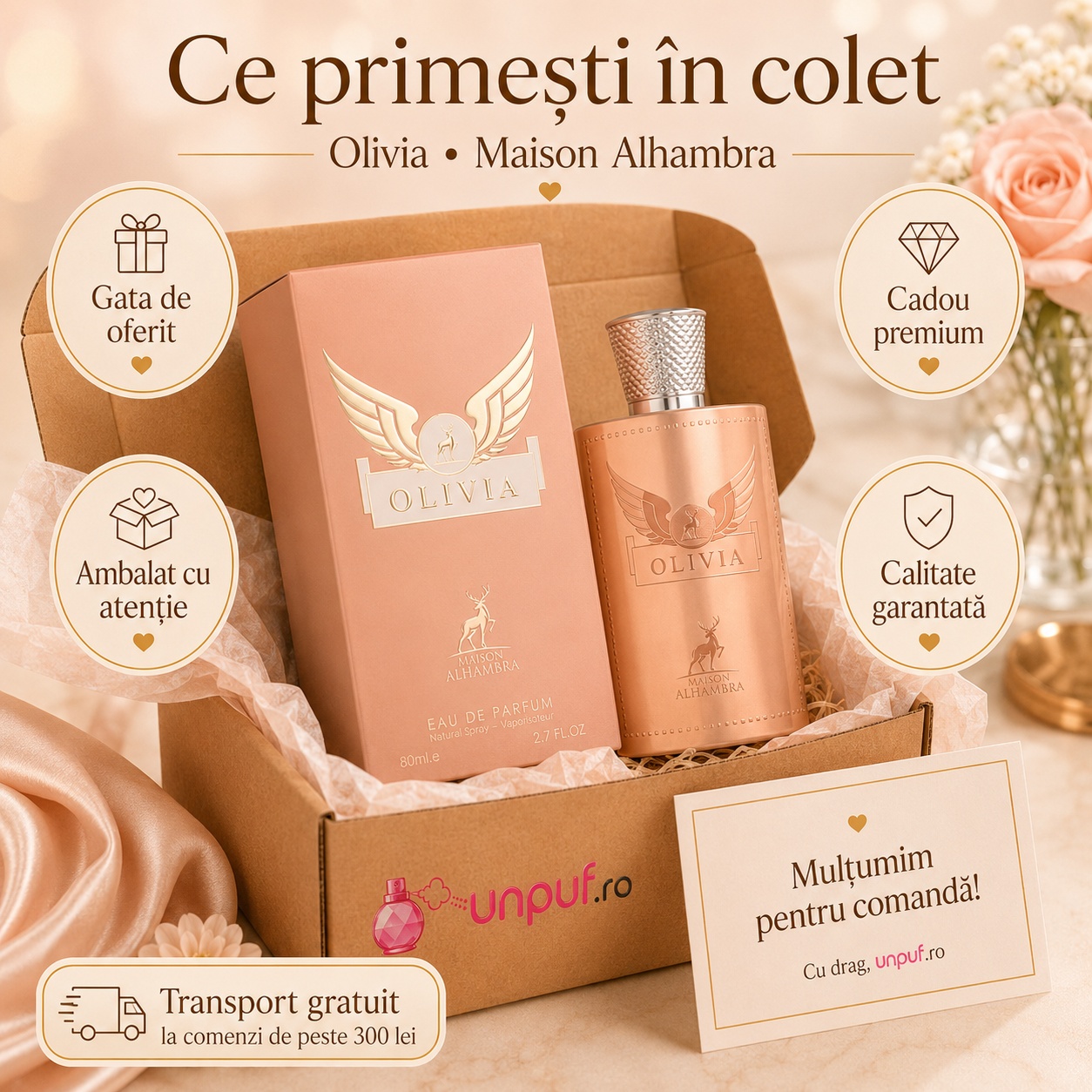 Ce primești &icirc;n colet Olivia Maison Alhambra parfum arabesc de damă ambalat cu atenție de unpuf.ro
