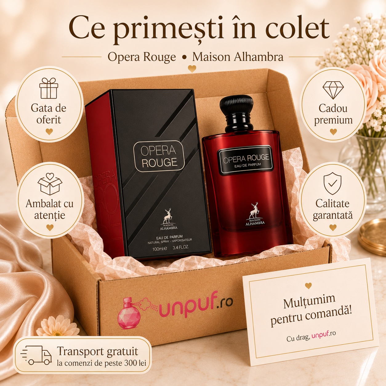 Ce primești &icirc;n colet Opera Rouge Maison Alhambra parfum arabesc de damă ambalat cu atenție de unpuf.ro