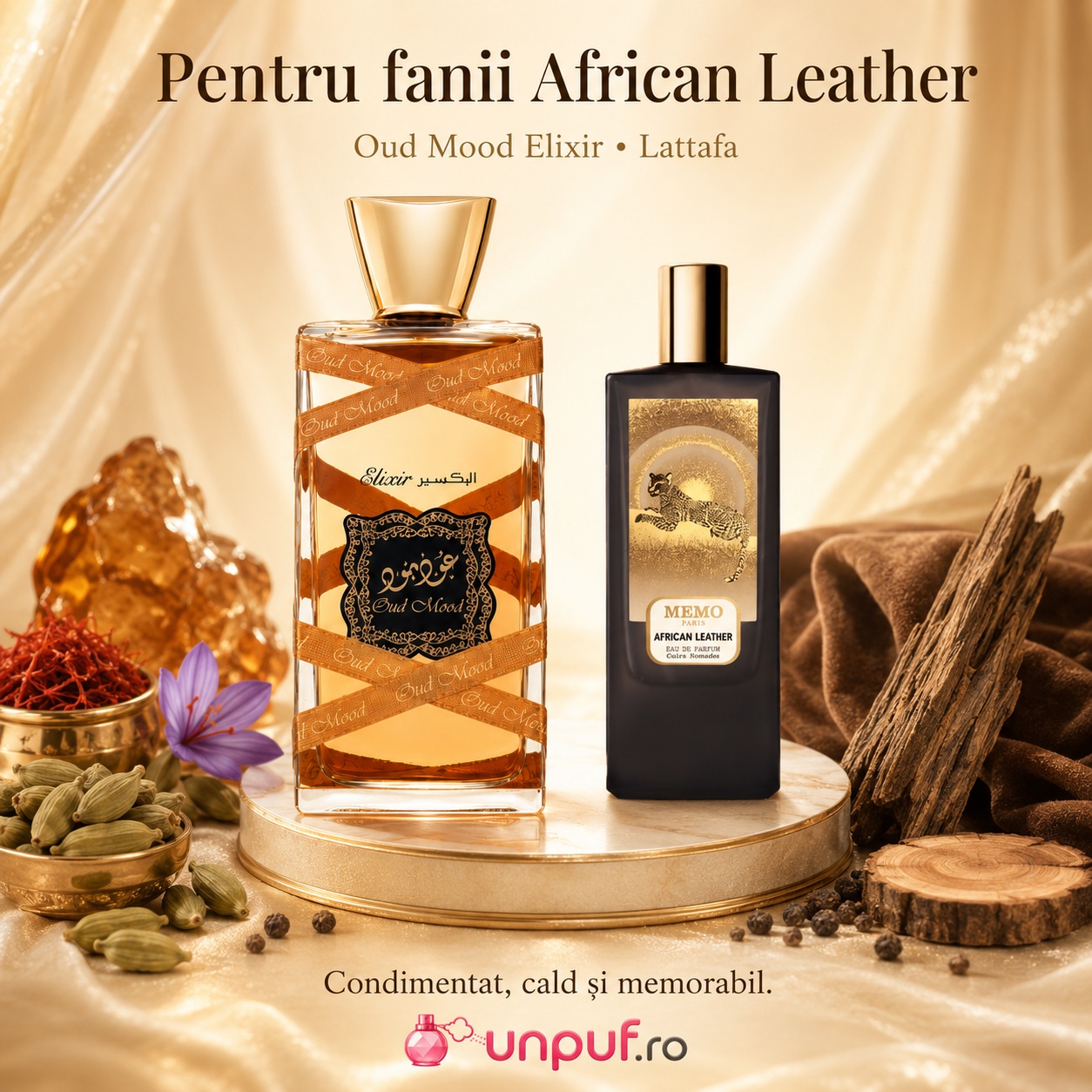 Oud Mood Elixir Lattafa inspirat din African Leather Memo Paris, parfum condimentat cald și memorabil