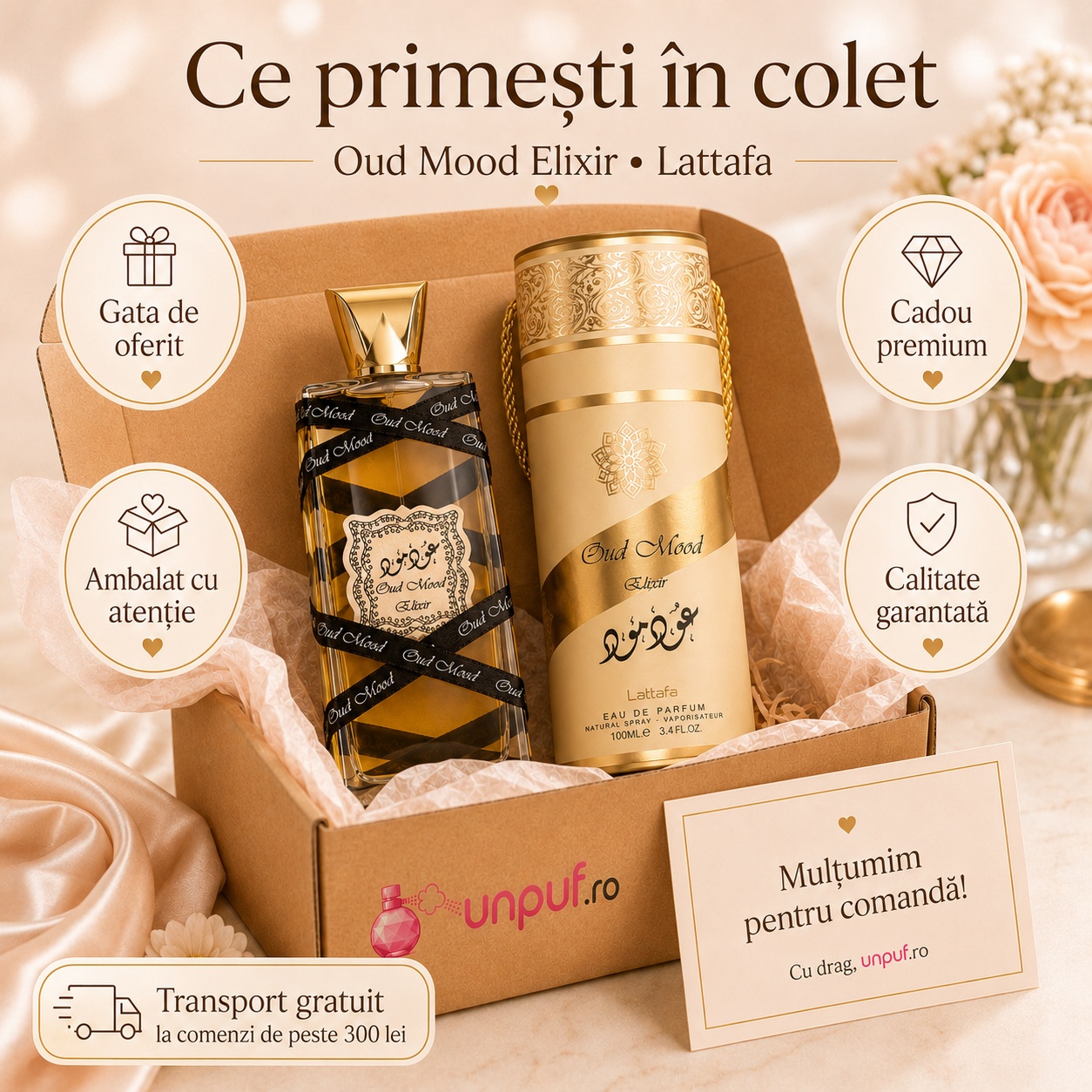 Ce primești &icirc;n colet Oud Mood Gold Lattafa parfum arabesc unisex ambalat cu atenție de unpuf.ro