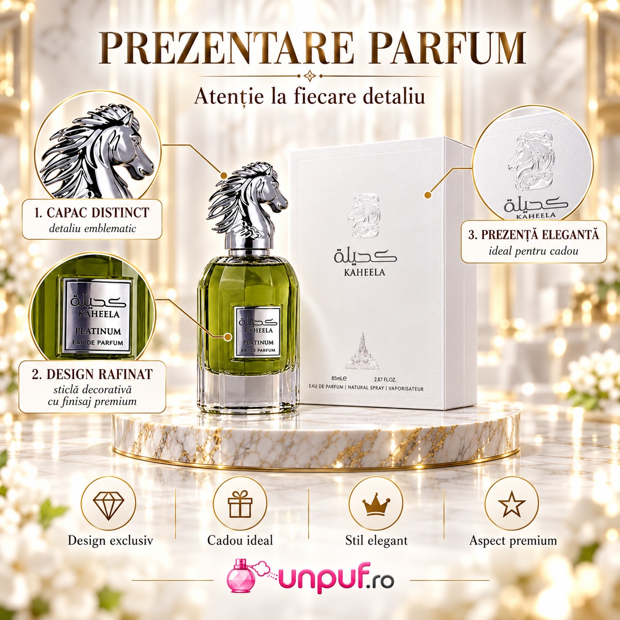 Detalii prezentare Kaheela Platinum Paris Corner cu capac distinctiv flacon verde și cutie albă