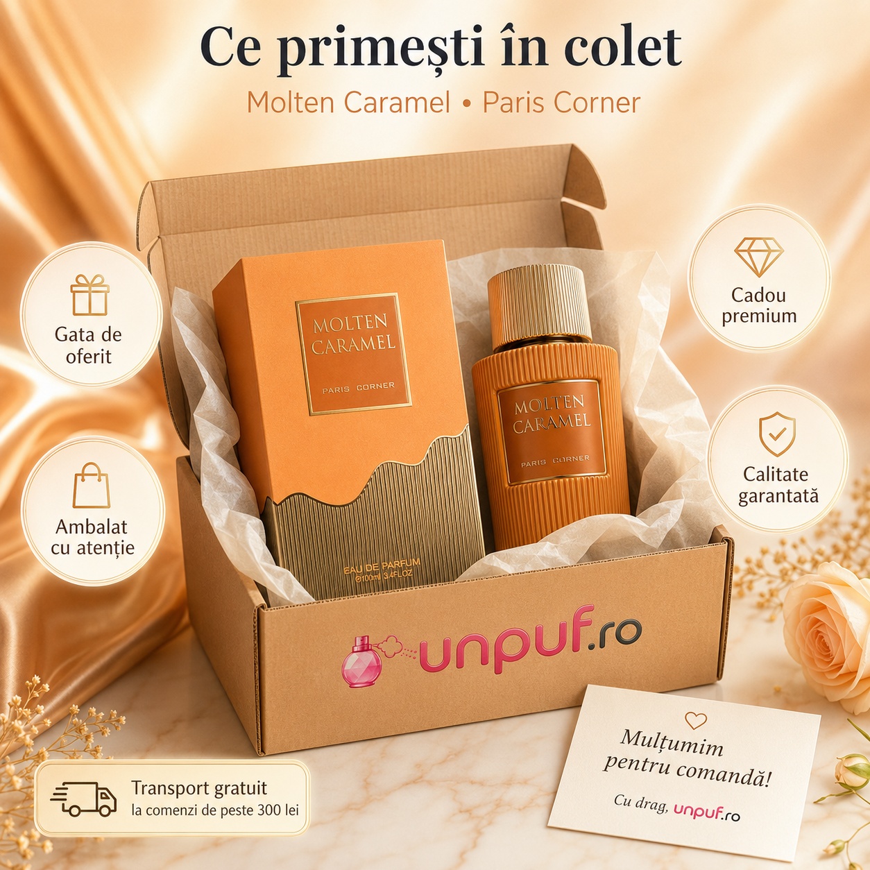 Ce primești &icirc;n colet Parfum Molten Caramel Paris Corner 100 ml ambalat cu atenție gata de oferit cadou