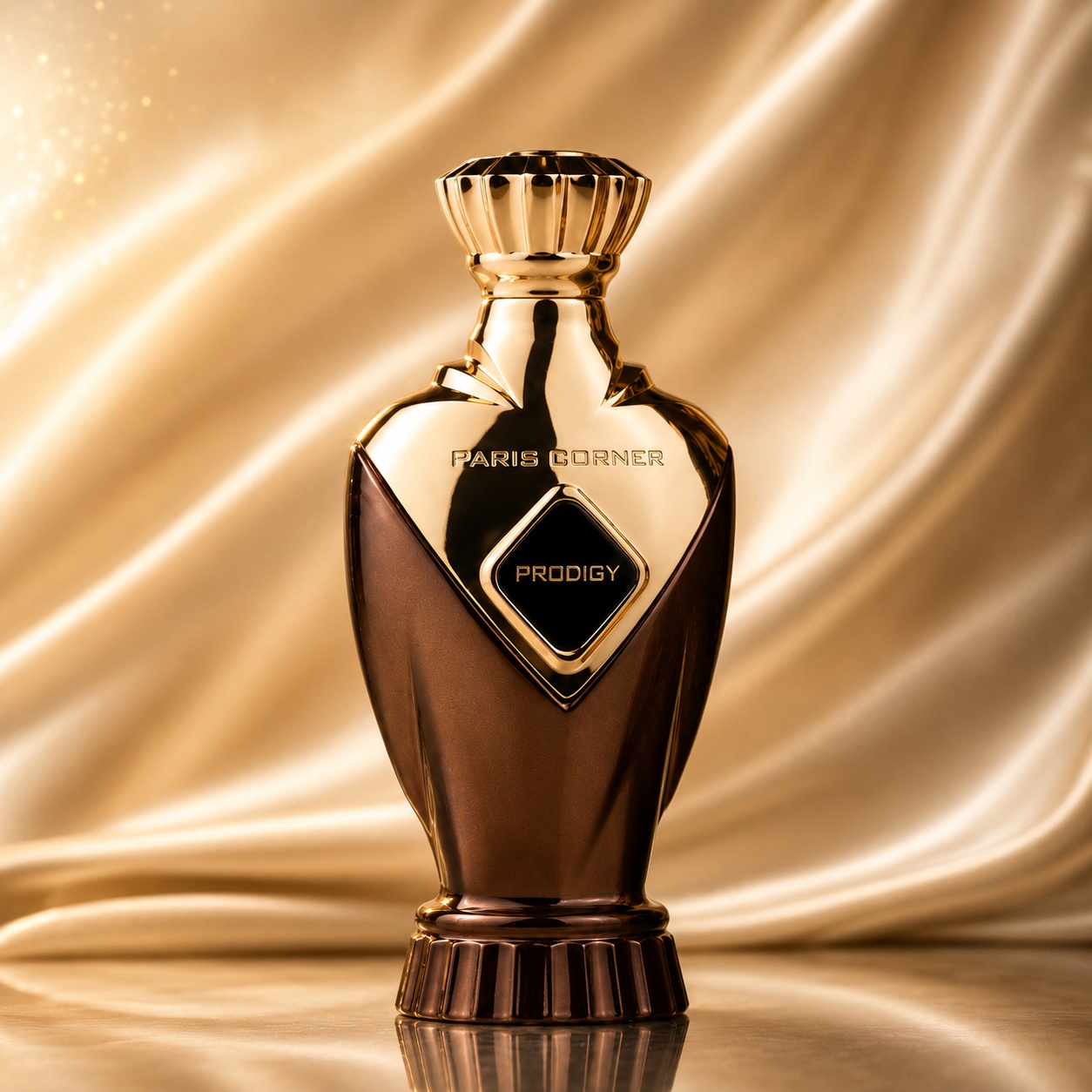 Sticlă parfum Prodigy Paris Corner 100 ml cu design maro auriu și aspect premium