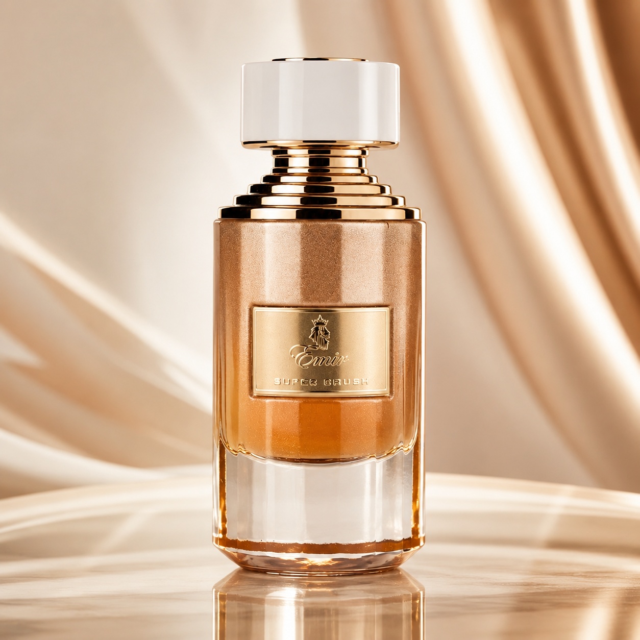 Sticlă parfum Super Crush Emir Paris Corner 75 ml cu design rose gold capac alb și detalii aurii