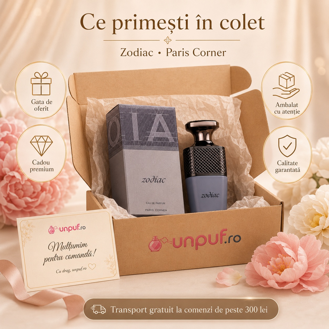 Ce primești în colet Paris Corner Zodiac 100 ml, parfum original ambalat cu atenție și cadou premium
