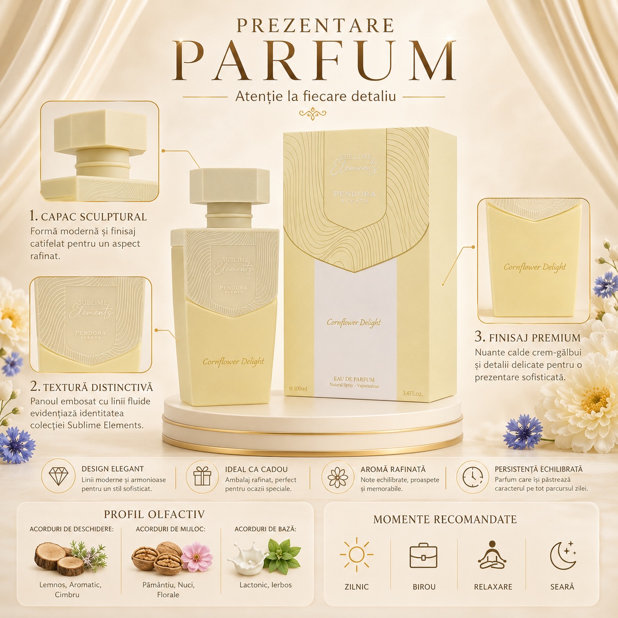 Prezentare parfum Pendora Scents Cornflower Delight Sublime Elements cu detalii premium, beneficii și profil olfactiv
