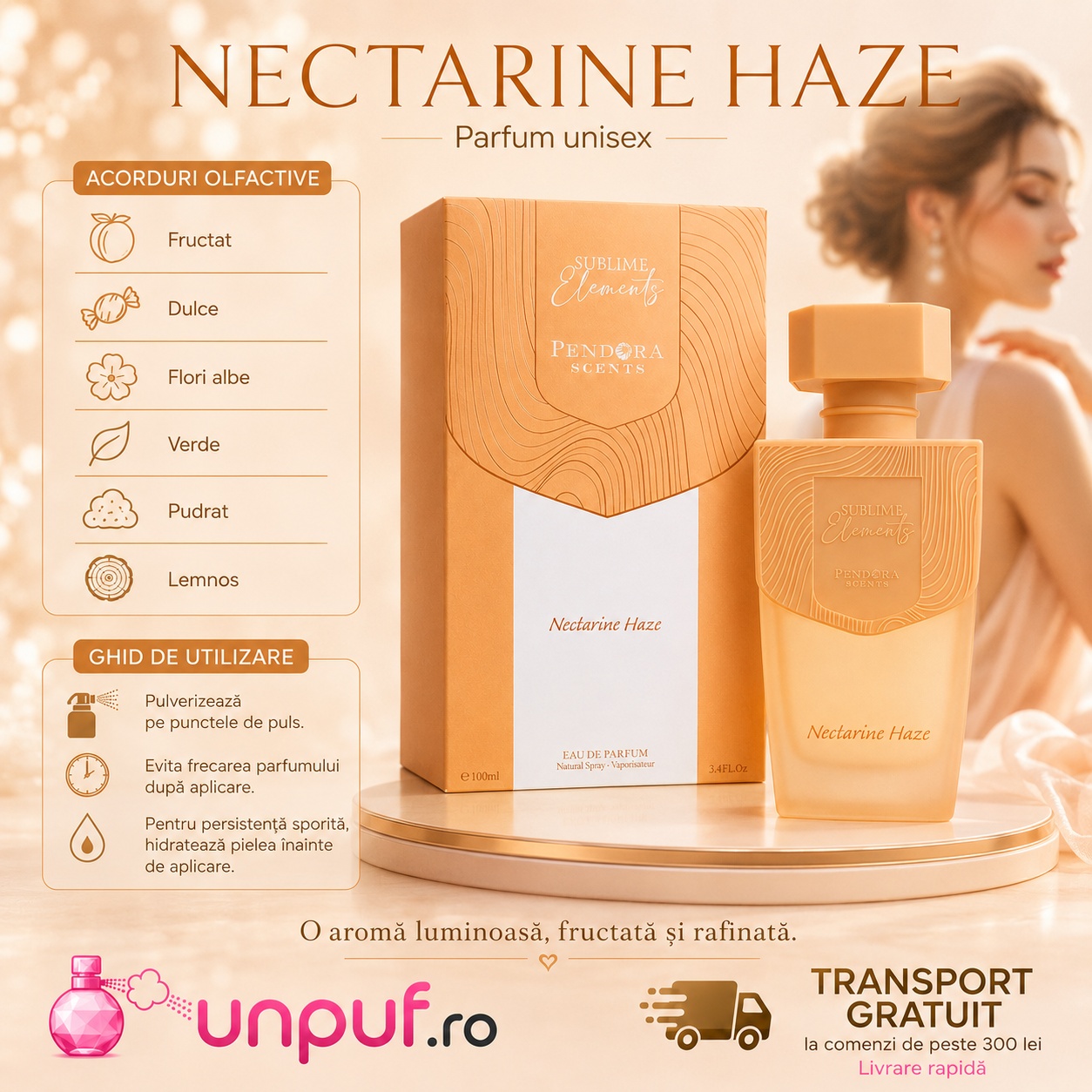 Pendora Scents Nectarine Haze note olfactive și ghid de utilizare cu note fructate, note verzi, lăcrămioare, nectarină, mosc și vetiver