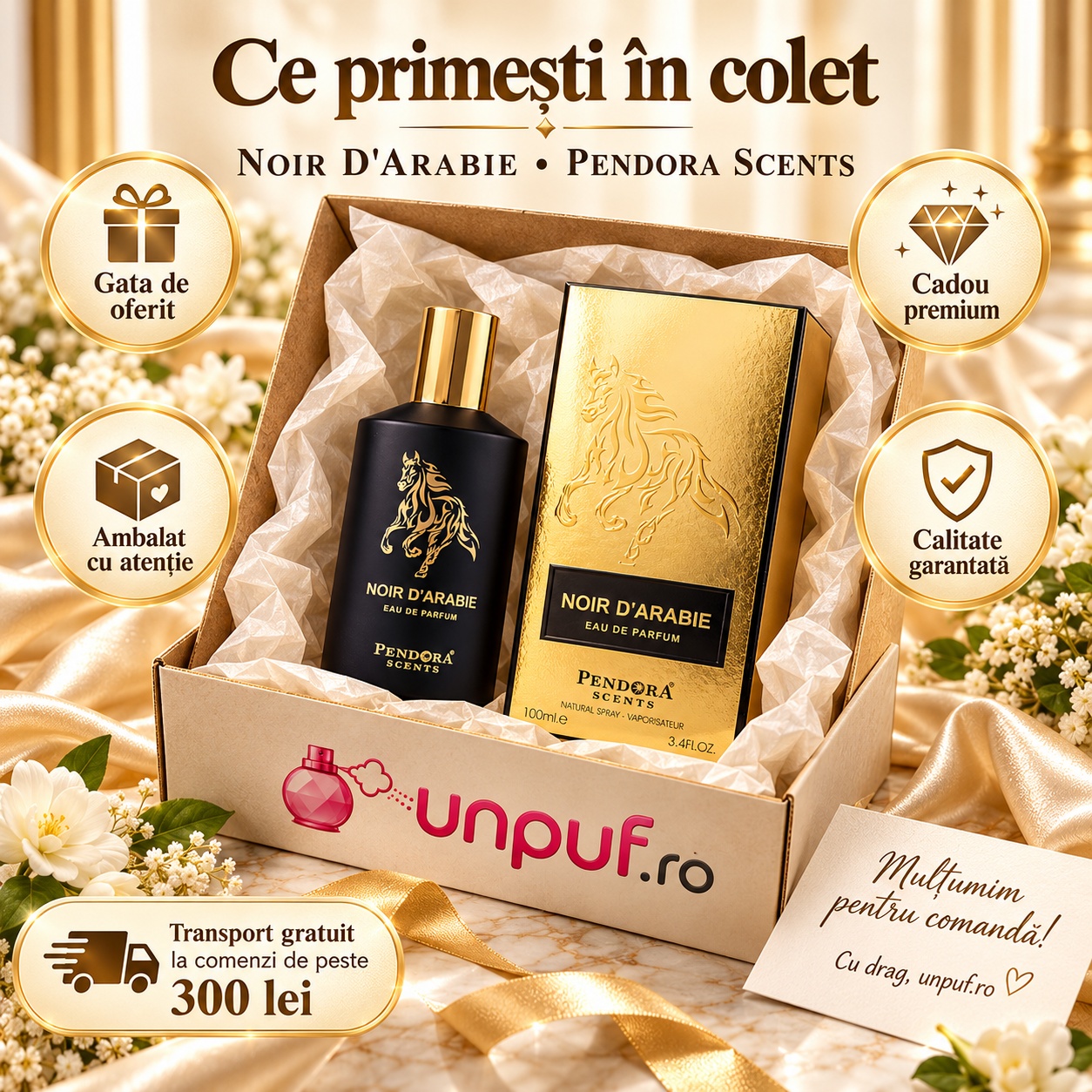 Ce primești în colet Noir D'Arabie Pendora Scents Eau de Parfum 100 ml ambalat premium pentru cadou