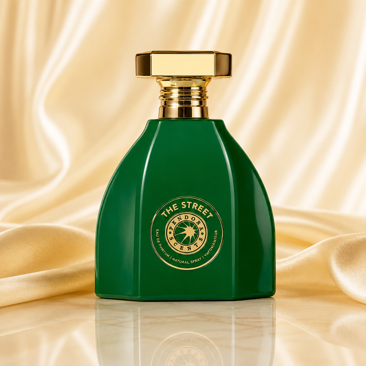 Flacon Pendora Scents The Street 100 ml verde intens cu capac auriu și detalii premium
