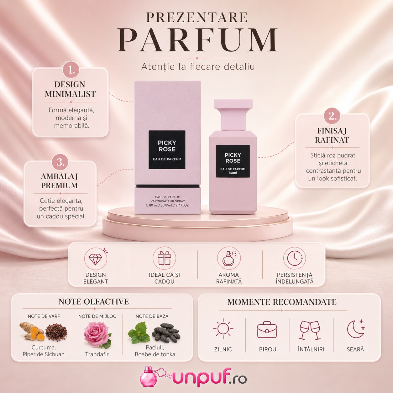 Prezentare parfum Picky Rose Fragrance World cu design minimalist, ambalaj premium, note olfactive și momente recomandate