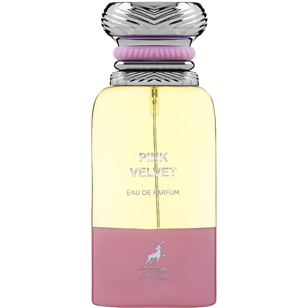 Flacon Pink Velvet Maison Alhambra 80 ml cu lichid auriu, bază roz și capac argintiu pe fundal alb