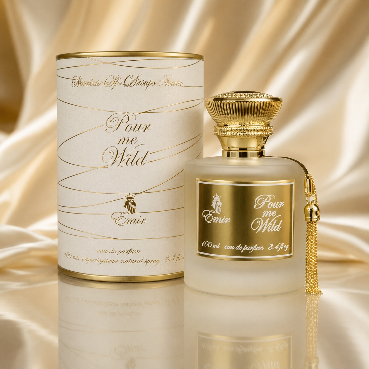 Parfum Arăbesc Pour Me Wild Emir 100 ml Apă de Parfum Bărbat cu sticlă mată și cutie alb aurie