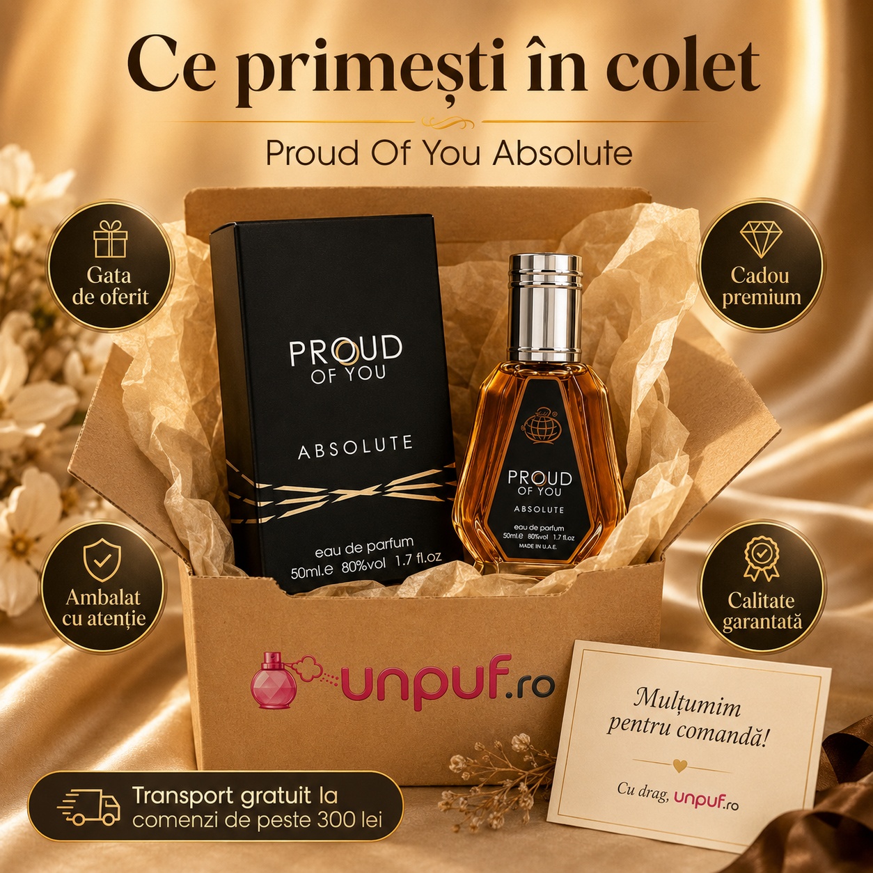 Ce primești &icirc;n colet Proud of You Absolute parfum 50 ml ambalat cu atenție și pregătit pentru cadou