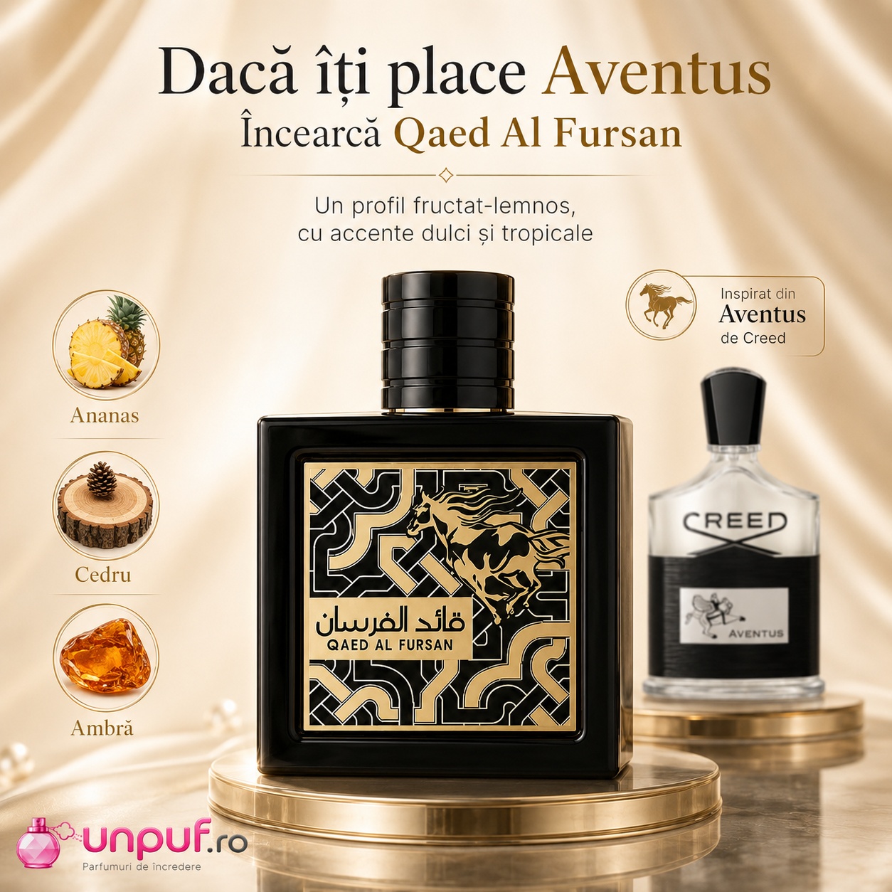 Qaed Al Fursan Lattafa inspirat din Aventus, parfum fructat lemnos cu ananas, cedru și ambră