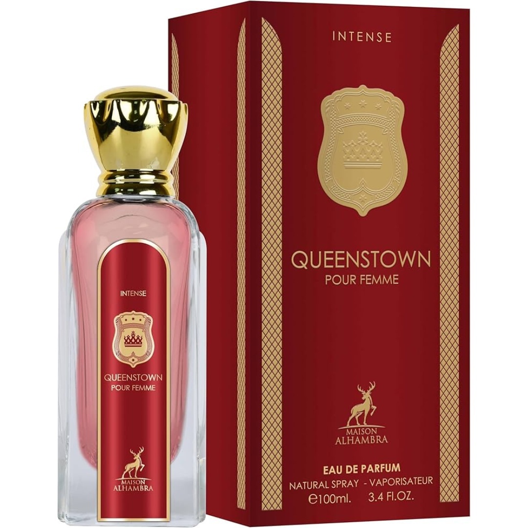 Queenstown Intense Maison Alhambra 100 ml sticlă și cutie produs pe fundal alb