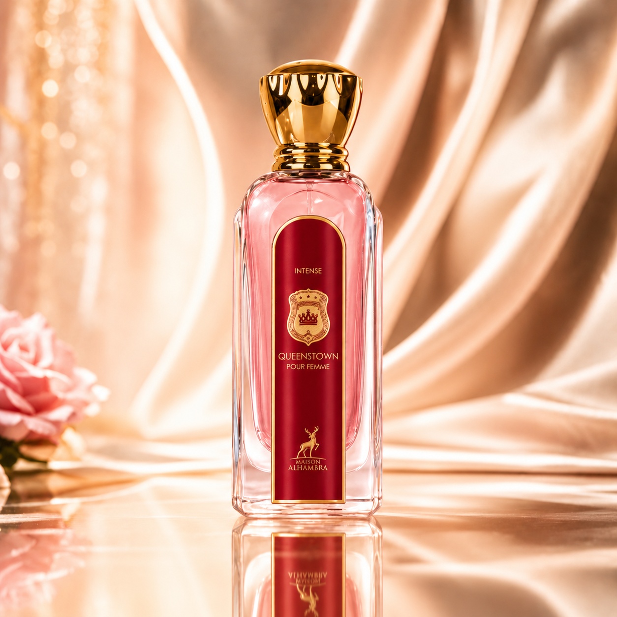 Sticlă parfum Queenstown Intense Maison Alhambra 100 ml roz delicat cu etichetă roșie și capac auriu elegant