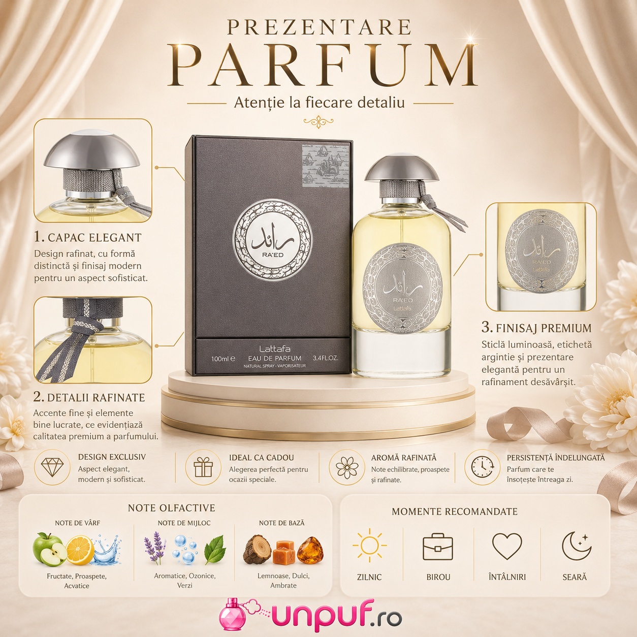 Prezentare parfum Ra'Ed Lattafa cu capac elegant, detalii rafinate, finisaj premium, note olfactive și momente recomandate