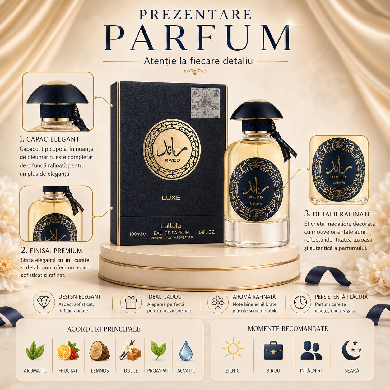 Prezentare parfum Ra&rsquo;Ed Luxe Gold Lattafa cu capac elegant, finisaj premium, detalii rafinate, acorduri principale și momente recomandate