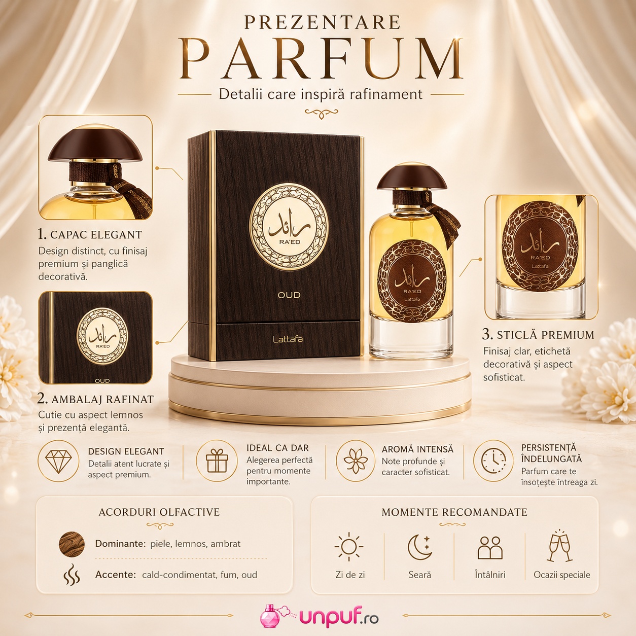 Prezentare parfum Ra'Ed Oud Lattafa cu capac elegant, ambalaj rafinat, sticlă premium, acorduri olfactive și momente recomandate