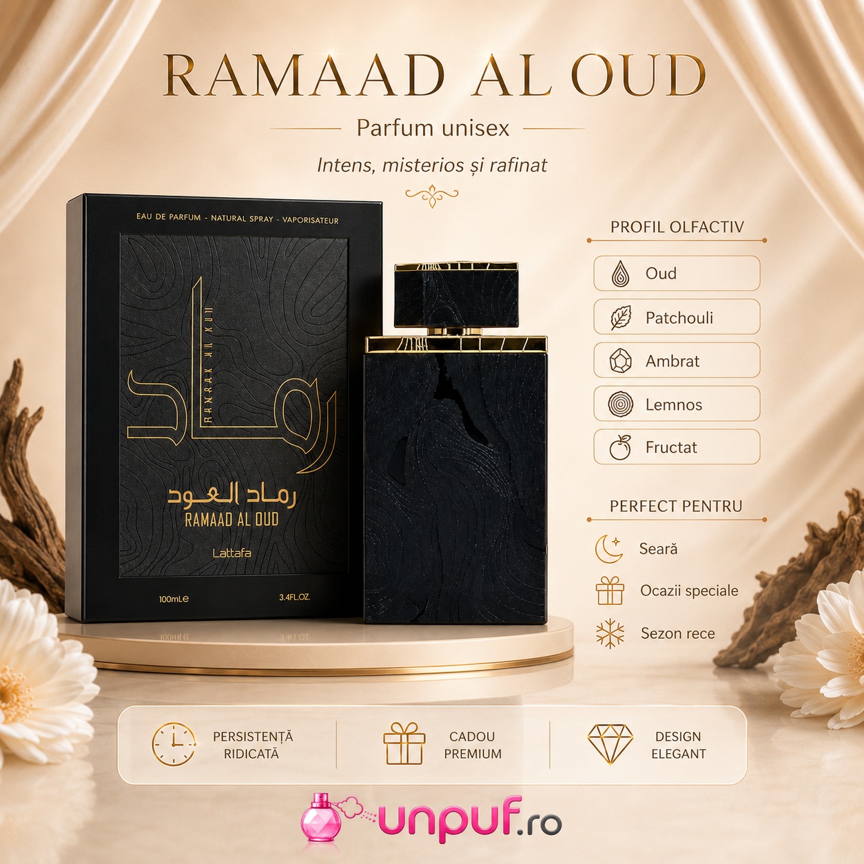 Prezentare parfum Ramaad Al Oud Lattafa cu profil olfactiv oud, patchouli, ambrat, lemnos și fructat
