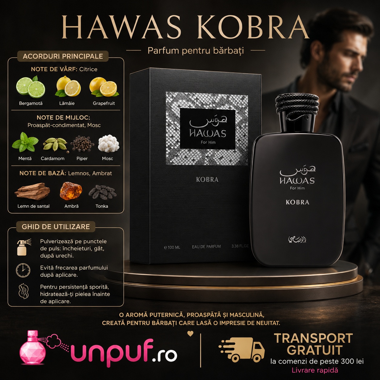 Note olfactive și ghid de utilizare Rasasi Hawas Kobra cu citrice, mentă, cardamom, piper, mosc, santal, ambră și tonka