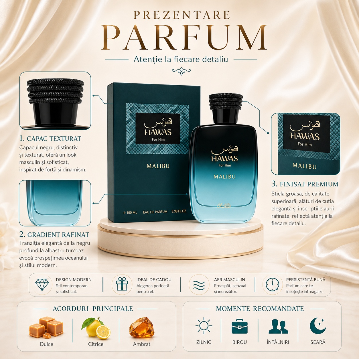 Prezentare parfum Rasasi Hawas Malibu cu flacon premium, cutie elegantă, acorduri principale și momente recomandate