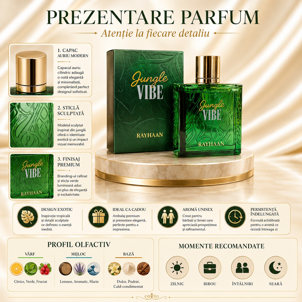 Prezentare parfum Rayhaan Jungle Vibe cu capac auriu modern, sticlă sculptată, finisaj premium, profil olfactiv și momente recomandate