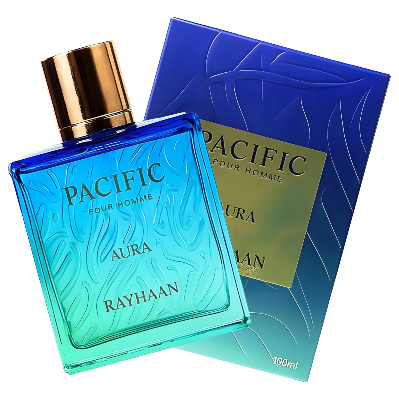 Rayhaan Pacific Aura 100ml cu sticlă și cutie pe fundal alb, prezentare completă produs