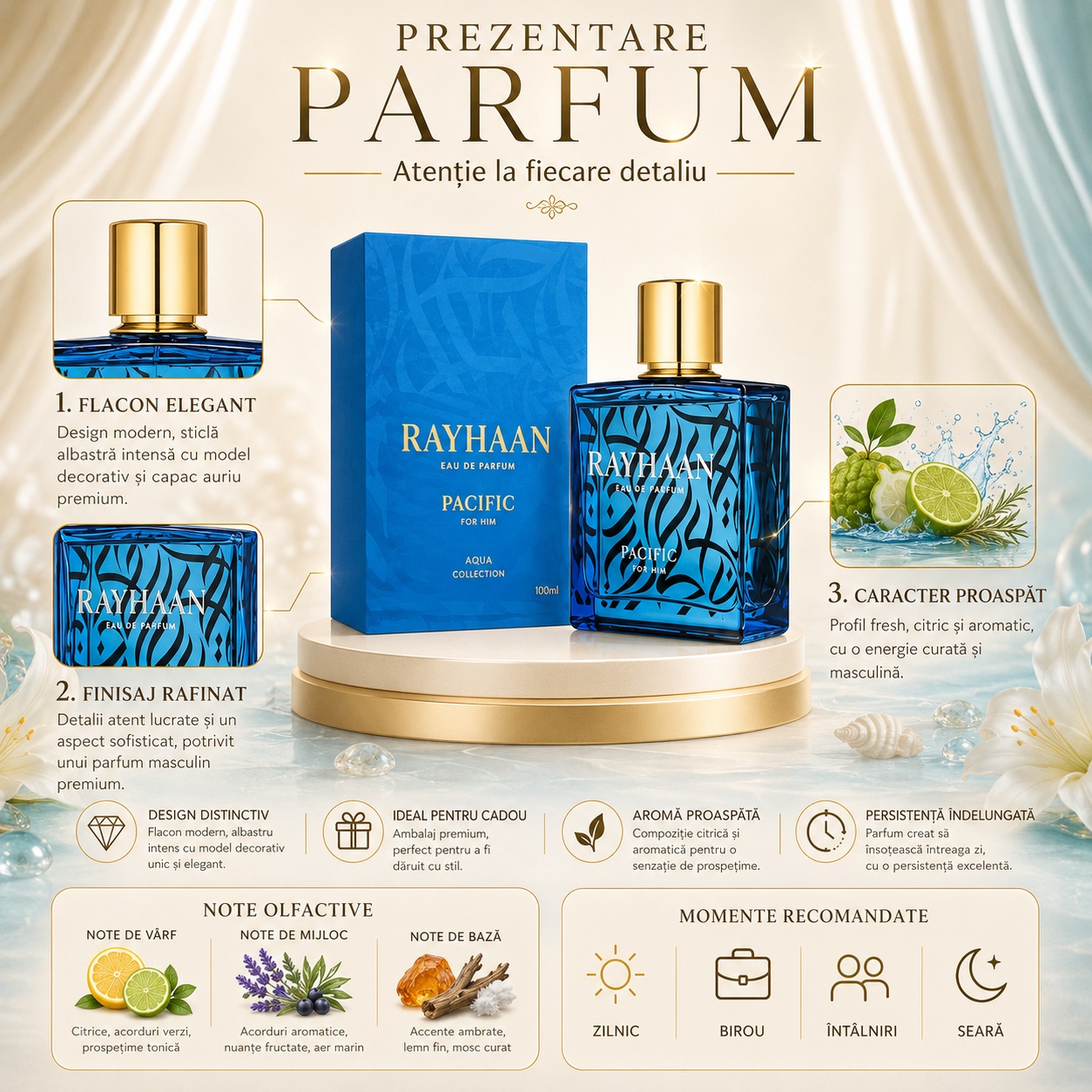 Prezentare parfum Rayhaan Pacific Men cu design acvatic, capac auriu, flacon albastru și profil fresh masculin