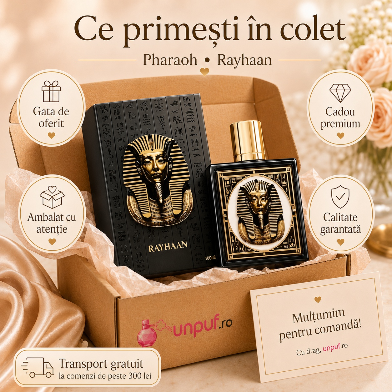 Ce primești în colet la Rayhaan Pharaoh, ambalaj premium, cadou elegant și calitate garantată