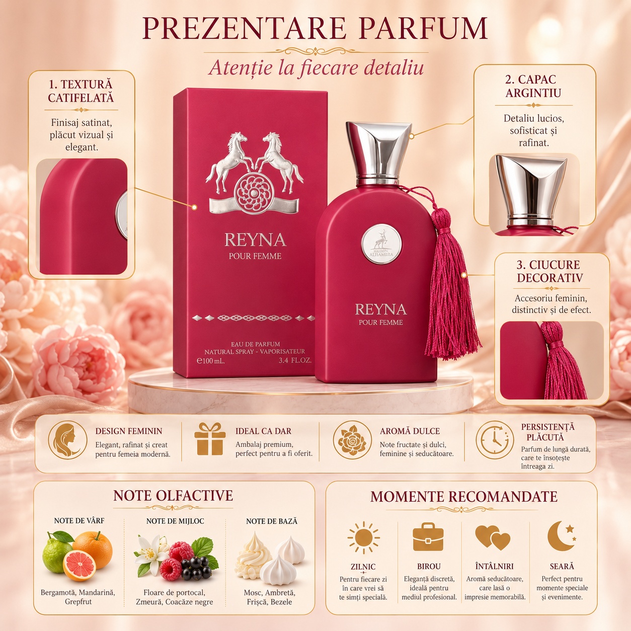 Prezentare parfum Reyna Pour Femme Maison Alhambra cu design elegant, flacon premium, note olfactive și momente recomandate