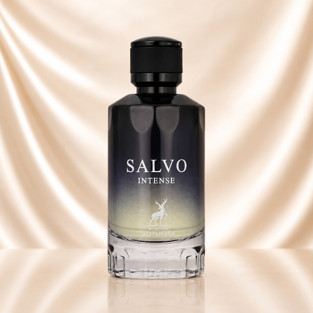 Sticlă parfum Salvo Intense Maison Alhambra 100 ml cu gradient negru fumuriu, bază transparentă și capac modern