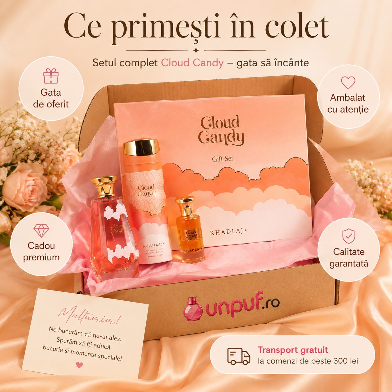 Khadlaj Cloud Candy parfum dulce cu note de căpșună, marshmallow, cocos și vanilie