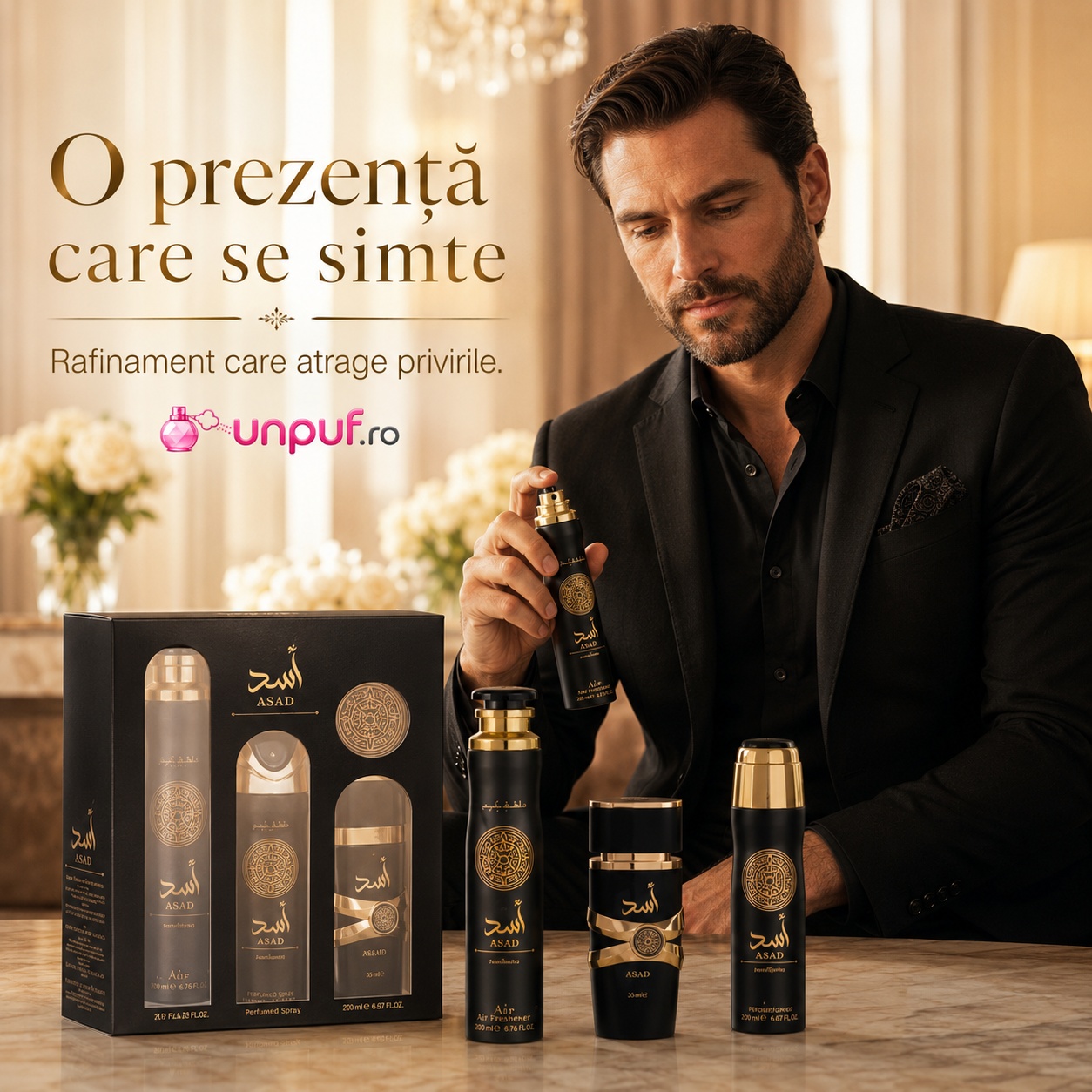 Lattafa Asad 3 Pcs conținut set, Eau de Parfum, Travel Spray și Body Shower