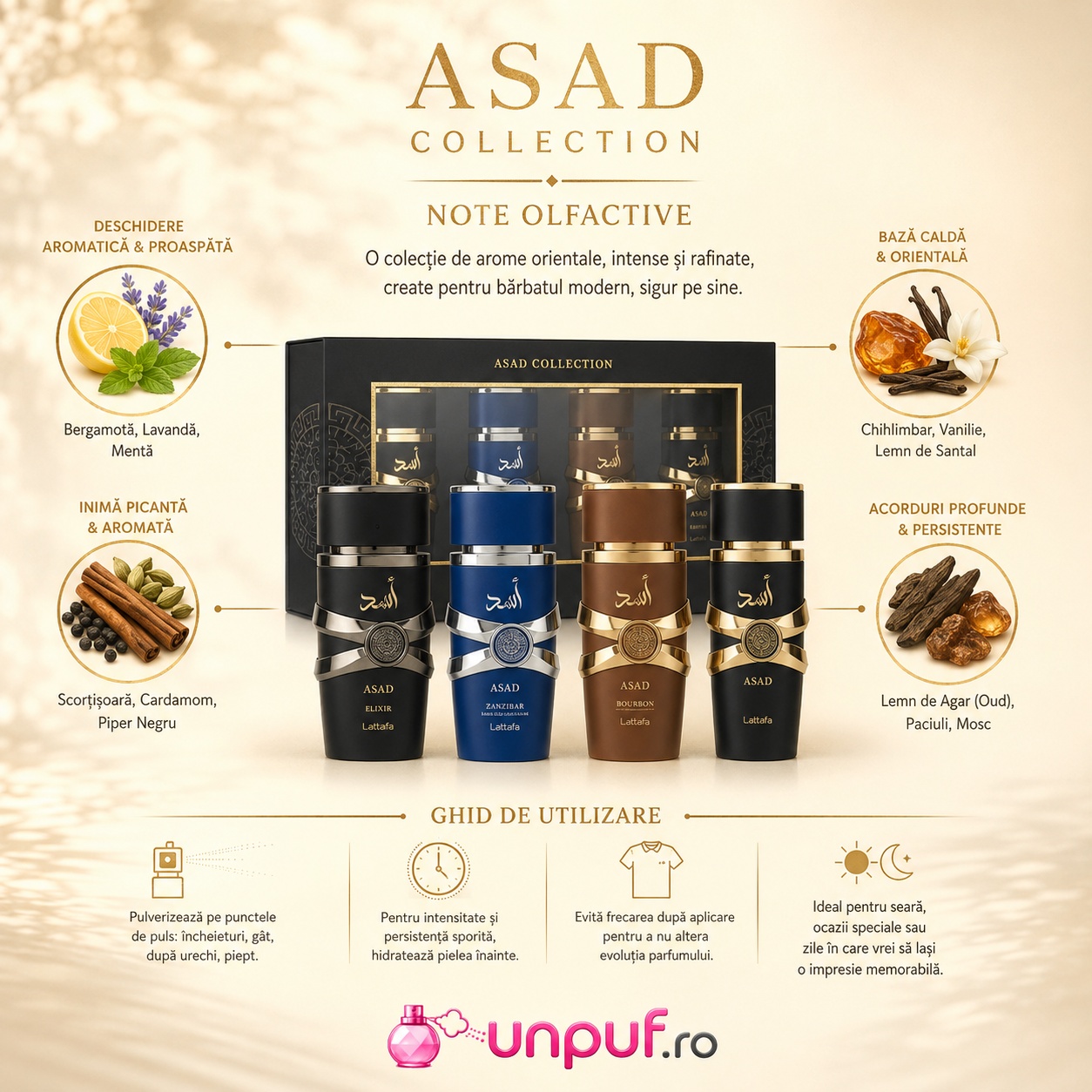 Lattafa Asad Collection note olfactive și ghid de utilizare pentru parfumuri bărbătești