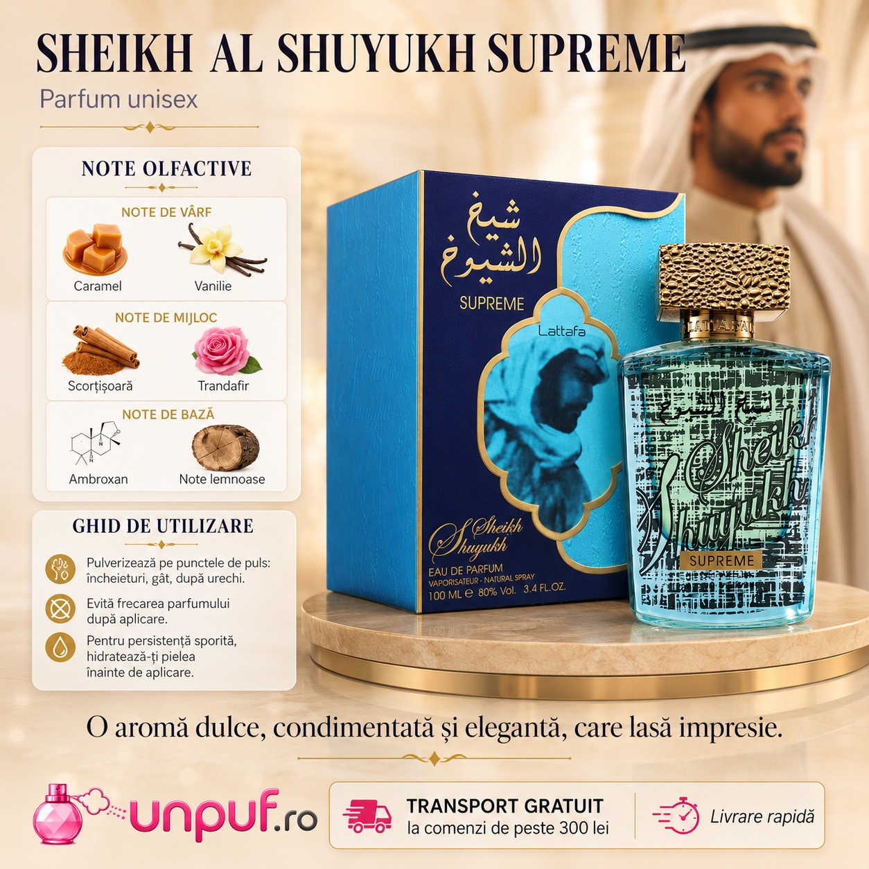 Sheikh Al Shuyukh Supreme Lattafa parfum cu note de caramel, vanilie, scorțișoară, trandafir, ambroxan și note lemnoase, ghid de utilizare